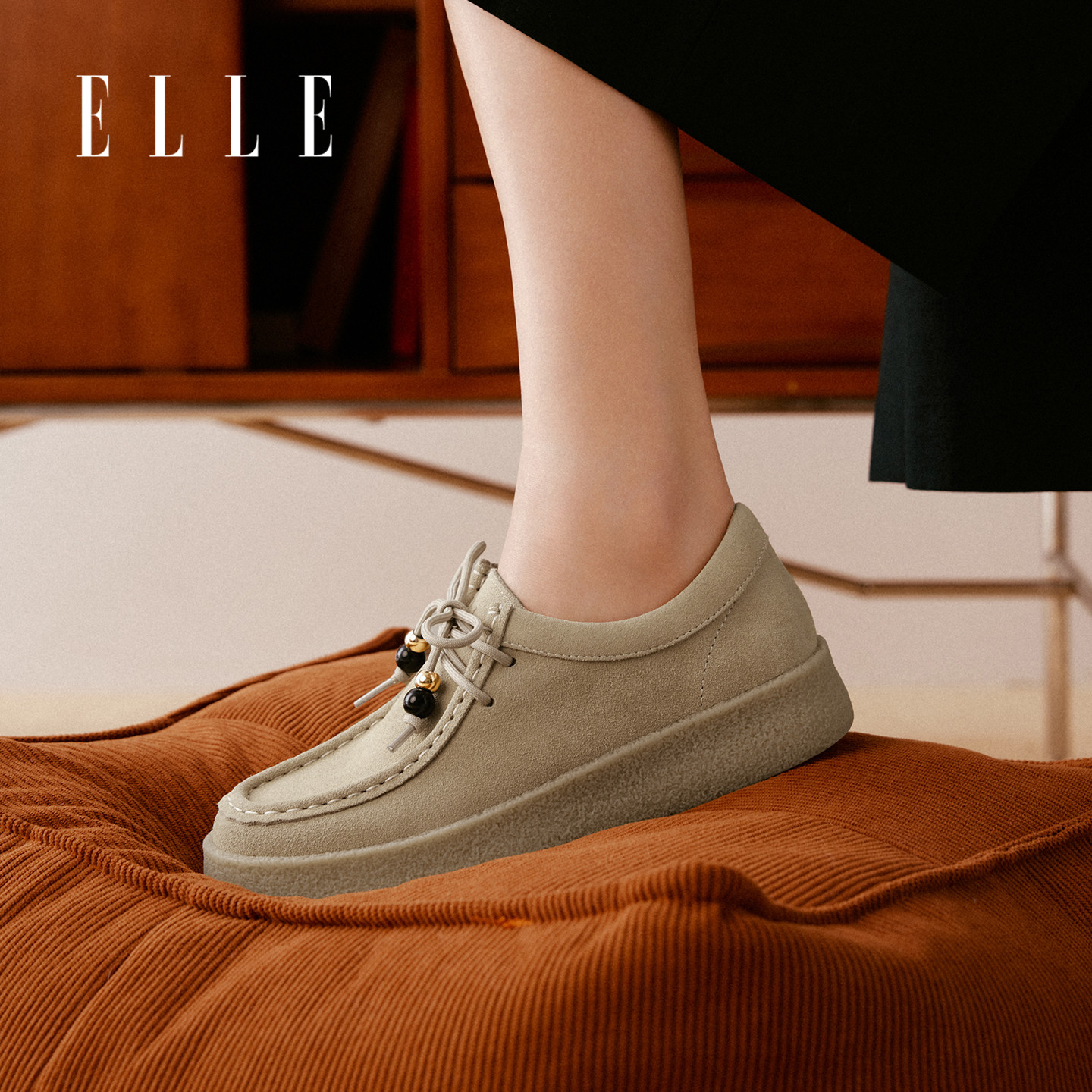 ELLE厚底袋鼠鞋女系带勃肯鞋通勤休闲真皮深口单鞋春秋2025新款,女鞋,深口单鞋,淘宝优惠券,粉丝福利购,淘宝优惠卷