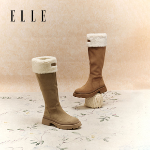 ELLE2025冬季时装靴加绒厚底骑士高筒女靴秋冬马丁靴
