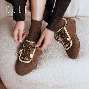 ELLE复古棕色德训鞋2025新款冬季阿甘女鞋秋平底休闲板鞋加绒棉鞋