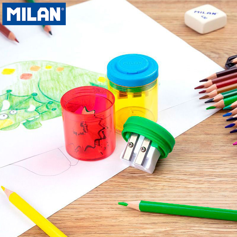 西班牙MILAN卷笔器双孔削笔器学生绘画美术用品便携式削笔盒双孔集尘盒削笔刀彩色艺术铅笔刀橡皮檫套装