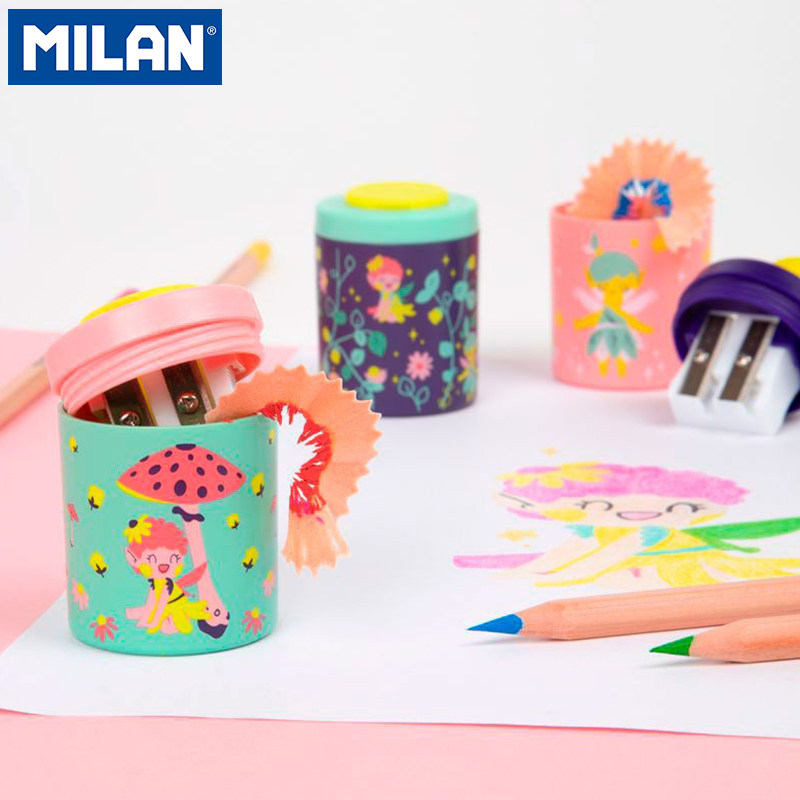 西班牙进口MILAN可爱卡通印花卷笔器儿童学生便携式削笔机文具双孔集尘盒铅笔刀适用所有铅笔削皮刀橡皮套装