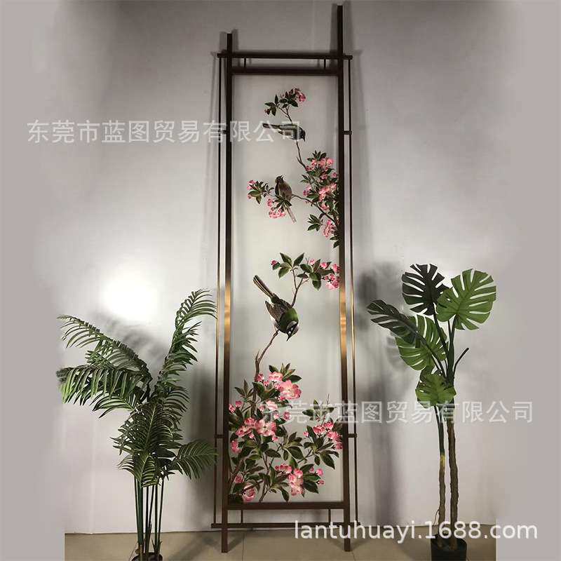 大幅半透明纱布画双面刺绣仿真丝隔断古画花鸟铝合金属不锈钢屏风