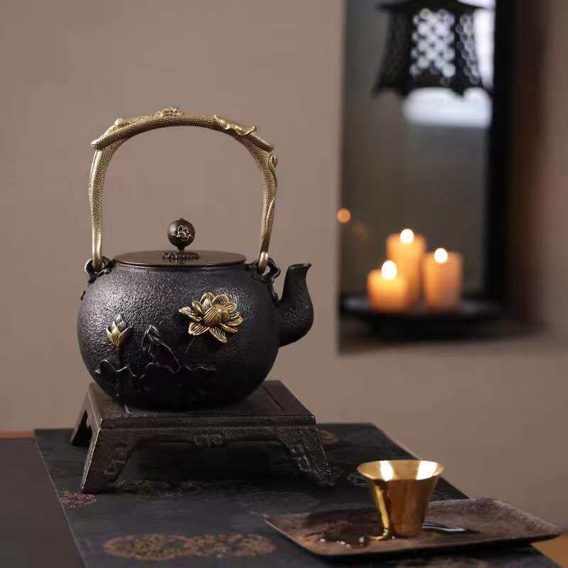 典工堂铁壶无涂层鎏金工艺荷语铸铁壶生铁茶壶家用茶具烧水壶