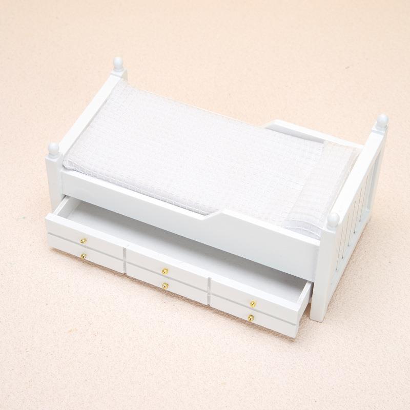 1：12迷你娃娃屋摆件dollhouse家具OB11床仿真木床带抽屉微缩床
