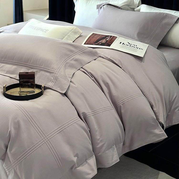 简约秋冬全棉磨毛四件套三线埋绳轻奢风加厚超柔被套床品紫灰色