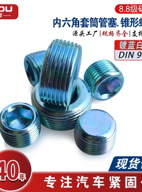 DIN906碳钢内六角套筒管塞 锥形螺纹油塞 喉塞闷头蓝白锌8.8级