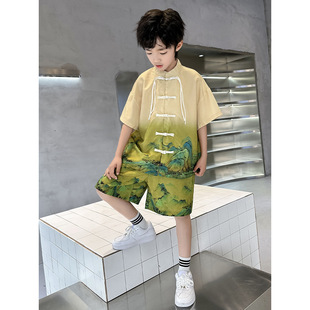 男童汉服夏装2025新中式古风帅气国风衬衫套装儿童短袖薄款两件套
