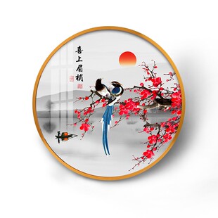 新中式圆形玄关装饰画喜上眉梢客厅茶室花鸟挂画喜鹊卧室床头壁画