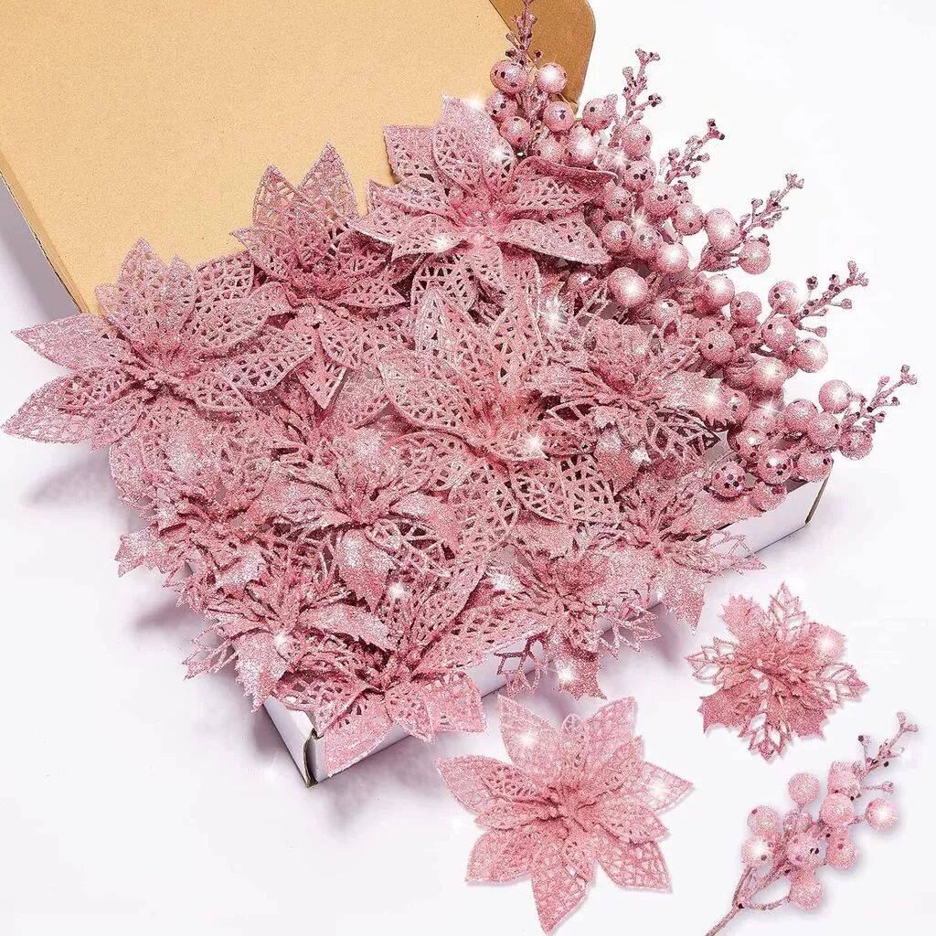 20Pcs Christmas Decoration Artificial Flowers Glitter Berrie
