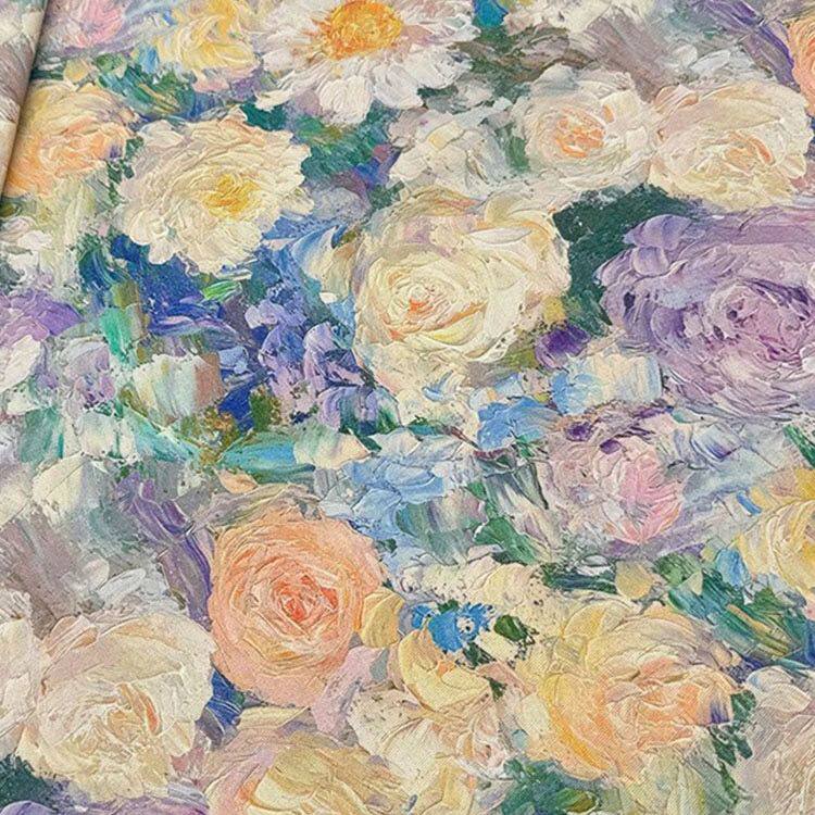 美式油画绚烂花朵印花布加密棉麻装饰布料抱枕桌布面料diy手工布