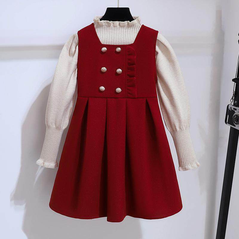 新年女童拜年服套装秋冬加厚连衣裙2025新款儿童背心裙红色公主裙