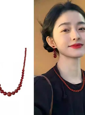 复古红色精致项链女款轻奢小众中式串珠毛衣链大气高档高级感配饰