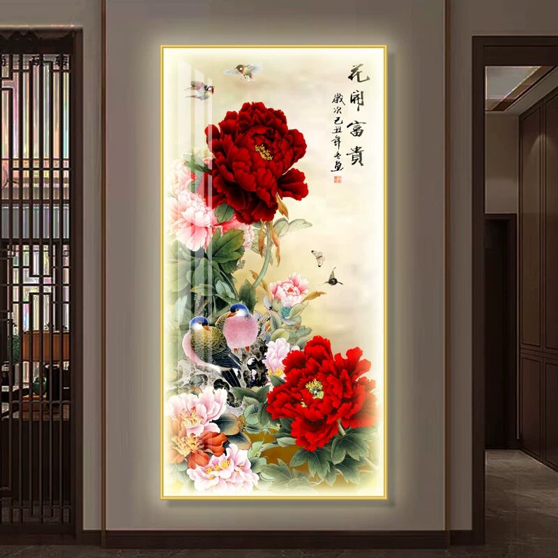 晶瓷画玄关装饰画LED灯牡丹花开富贵入户走廊挂画新中式孔雀壁画