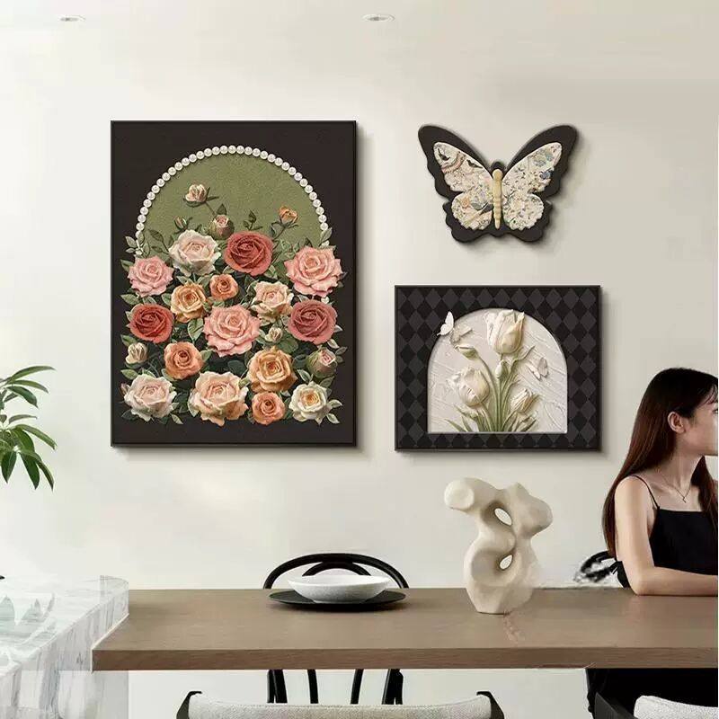 中古风餐厅装饰画蝴蝶玫瑰高级感客厅壁画法式奶油风饭厅餐桌挂画,家居饰品,现代装饰画,淘宝优惠券,粉丝福利购,淘宝优惠卷
