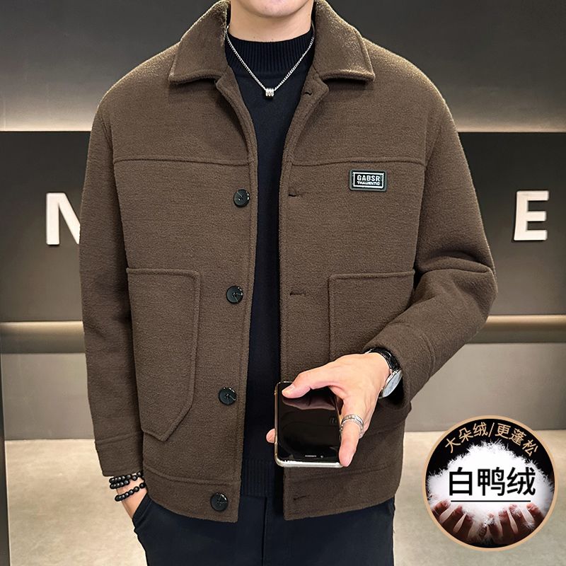 高档轻奢呢子羽绒服时尚休闲男士白鸭绒短款纯色外套冬季潮流男装