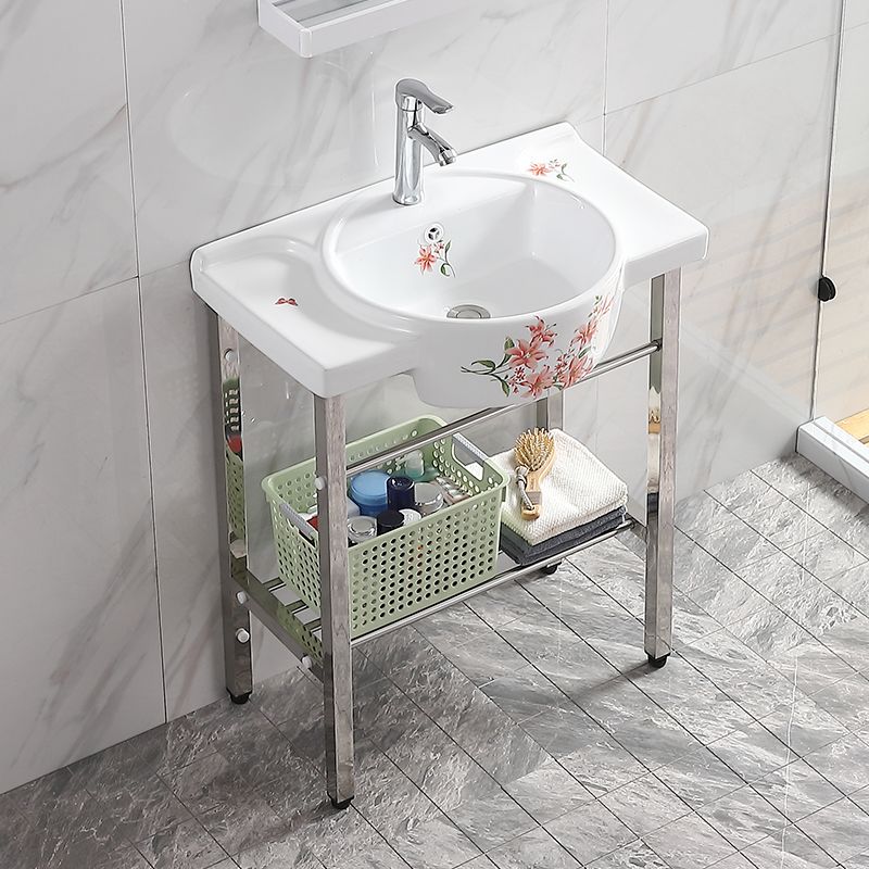 新款小户型洗手盆落地不锈钢架彩花洗脸池卫生间阳台柱盆一体台盆