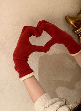 红色毛线手套女士冬季保暖可触屏露指学生骑车防寒五指长针织手套
