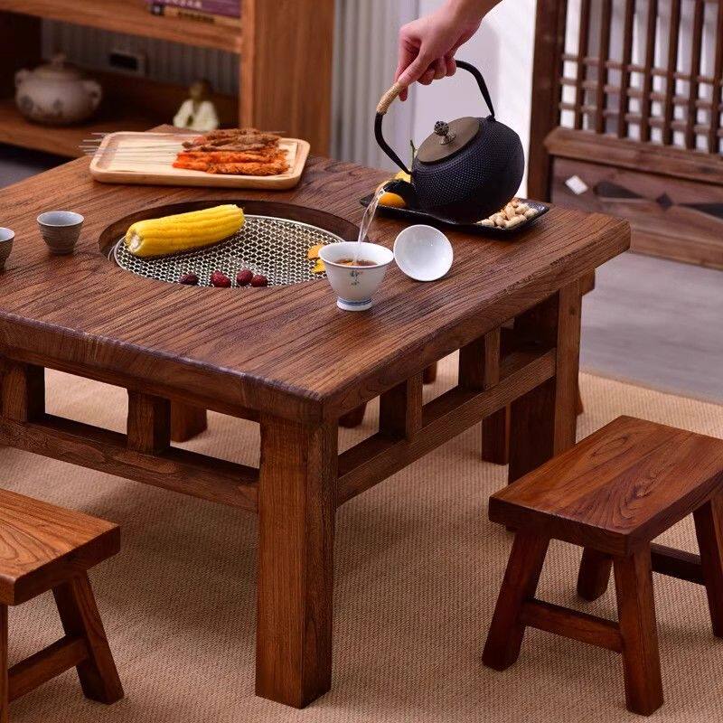 老榆木围炉煮茶桌方桌方形老式复古茶室庭院木炭烧烤火盆火锅桌子