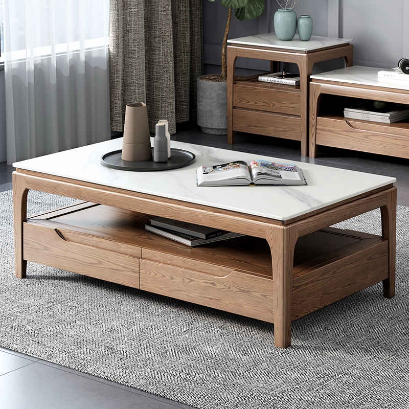 全友家居北欧岩板实木茶几电视柜客厅胡桃色现代简约小户型花架边