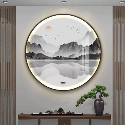 壁灯新中式玄关高端装饰画山水禅意茶室挂画LED发光灯画圆形壁画