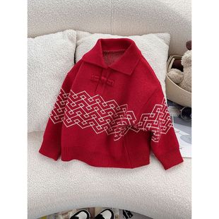 女童毛衣红色本命年冬装儿童POLO领针织衫2023新款加厚宝宝拜年服