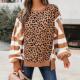Crew Neck Drop Women Casual Leopard Shoulder Sweatshirt