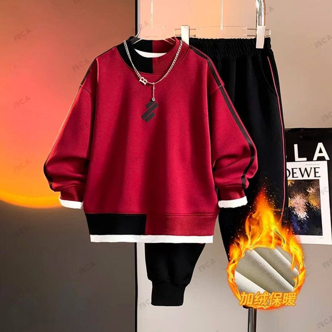 男童冬季加绒加厚卫衣套装儿童拜年服红色两件套2025新款潮童装