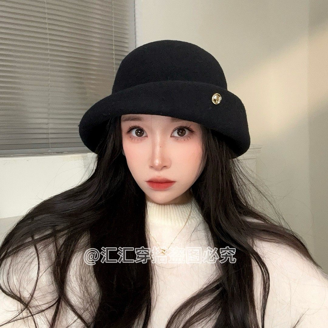 千金风高级感卷边白色礼帽女秋冬季显脸小气质盆帽大头围渔夫帽子