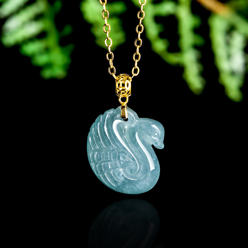 天然A货翡翠蓝水天鹅吊坠18K金镶嵌冰种玉石挂件时尚女款玉坠项链
