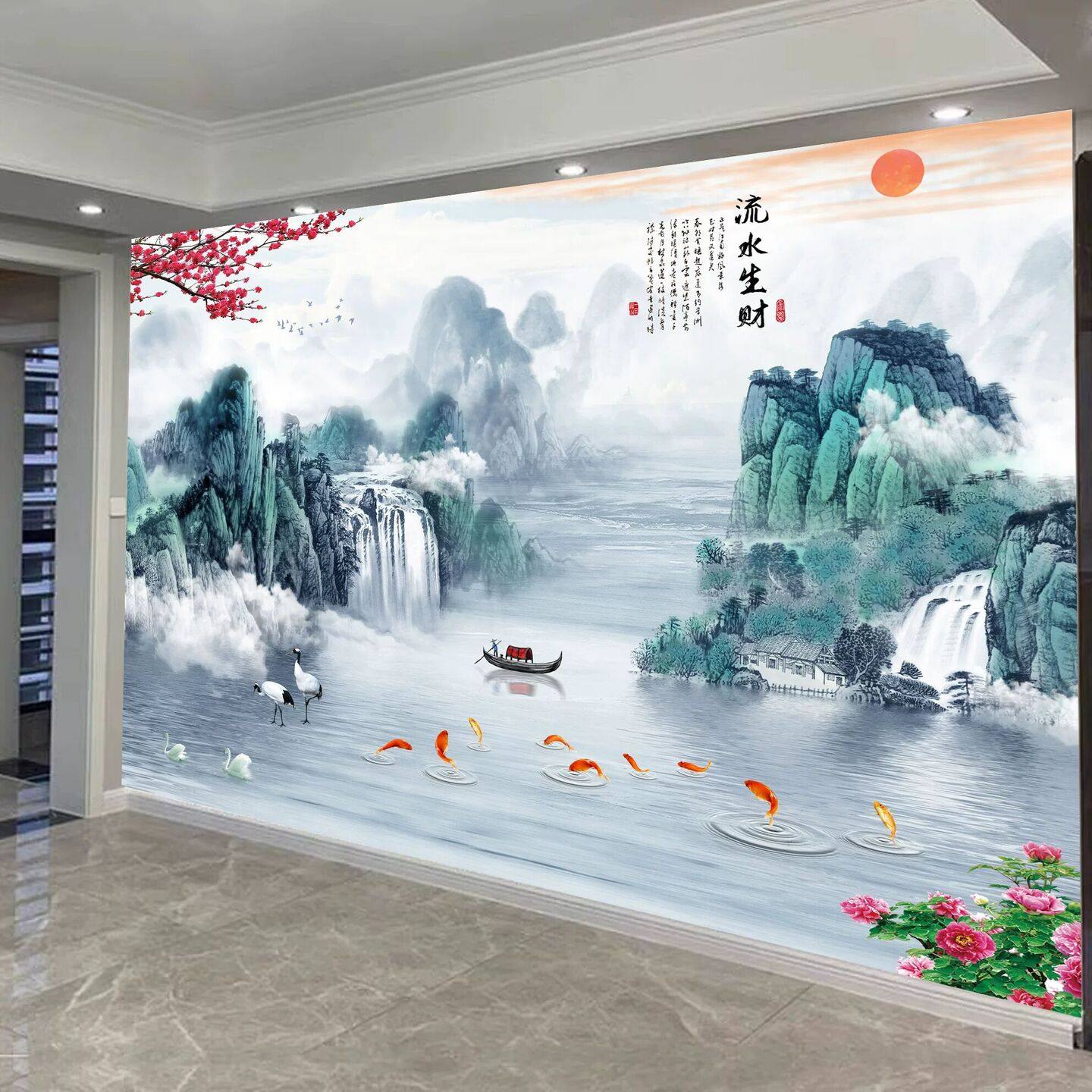 3D立体壁画山水画自粘墙纸墙贴客厅沙发电视背景墙壁布现代装饰画