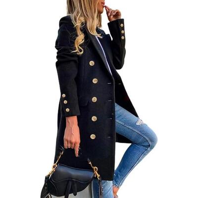 Womens Fall Winter Wool Coats Double Breasted Midi Peacoat