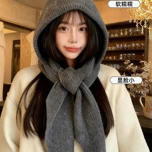 灰色巴拉克拉法连帽子围巾一体女冬季百搭保暖针织围脖护耳毛线帽