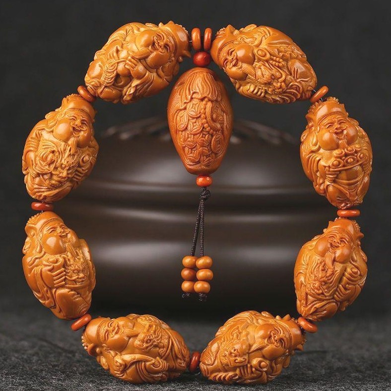1.9大籽瑞龙财神 橄榄核手串八大财神爷核雕文玩橄榄胡雕男士手链