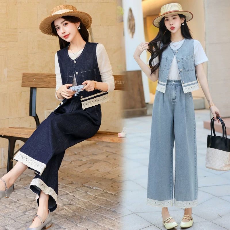 休闲牛仔马甲套装女2025春夏薄款蕾丝拼接时尚八分阔腿裤两件套