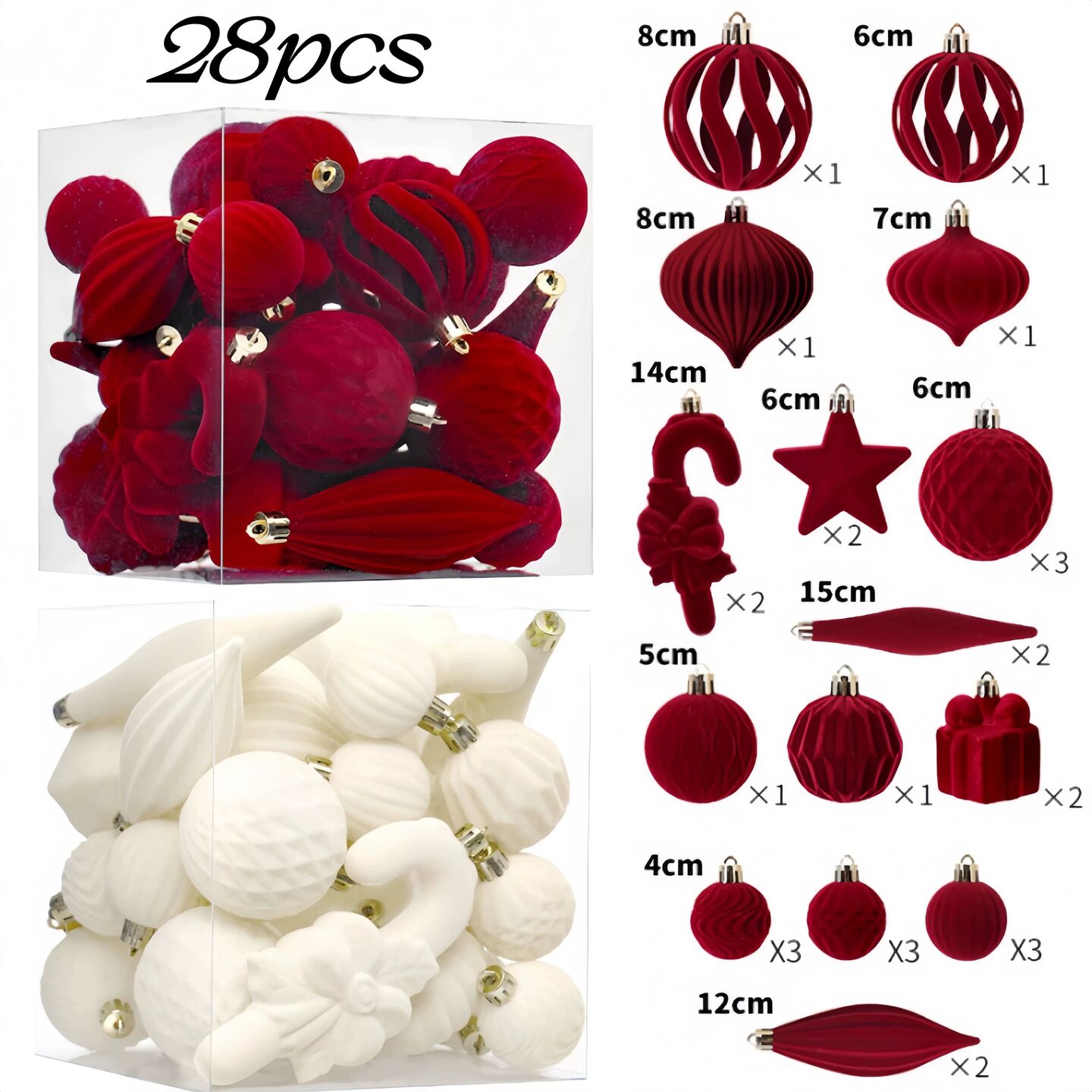 Multi Size Velvet Christmas Tree Balls Ornaments Set Star Sc
