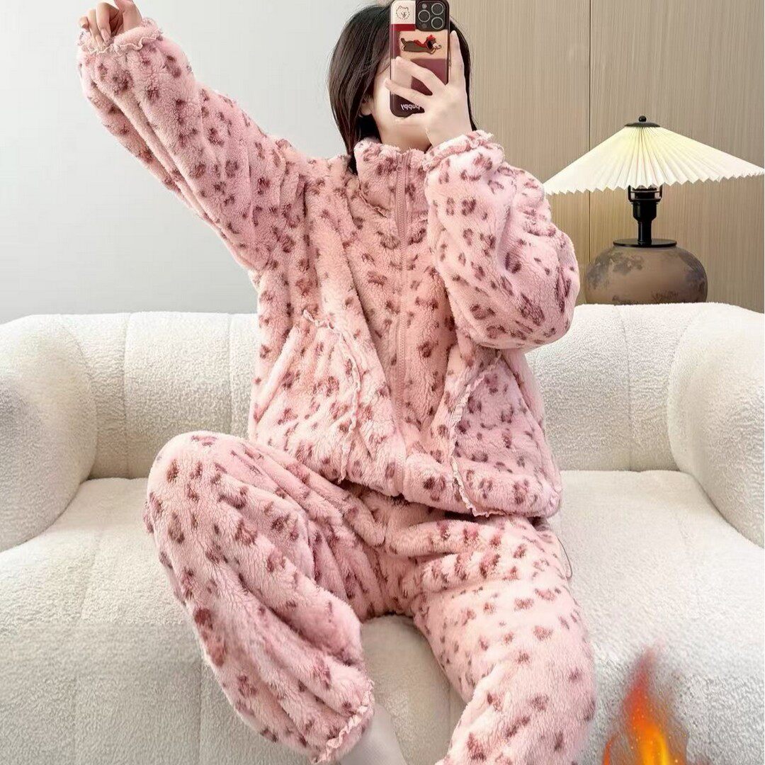【甜心豹纹】冬季女加绒加厚豹纹睡衣家居服套装秋冬季加绒时尚睡
