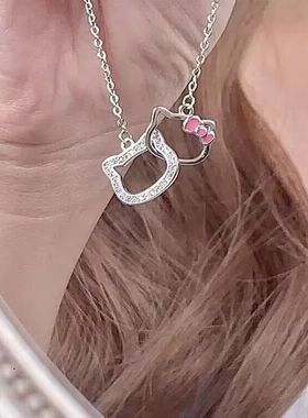 小猫环环相扣项链女凯蒂猫复古双kt吊坠卡通学生情侣闺蜜生日