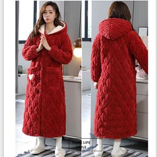 加厚长毛绒夹棉睡袍女士长款冬季连帽外套三层珊瑚绒过膝浴袍睡衣