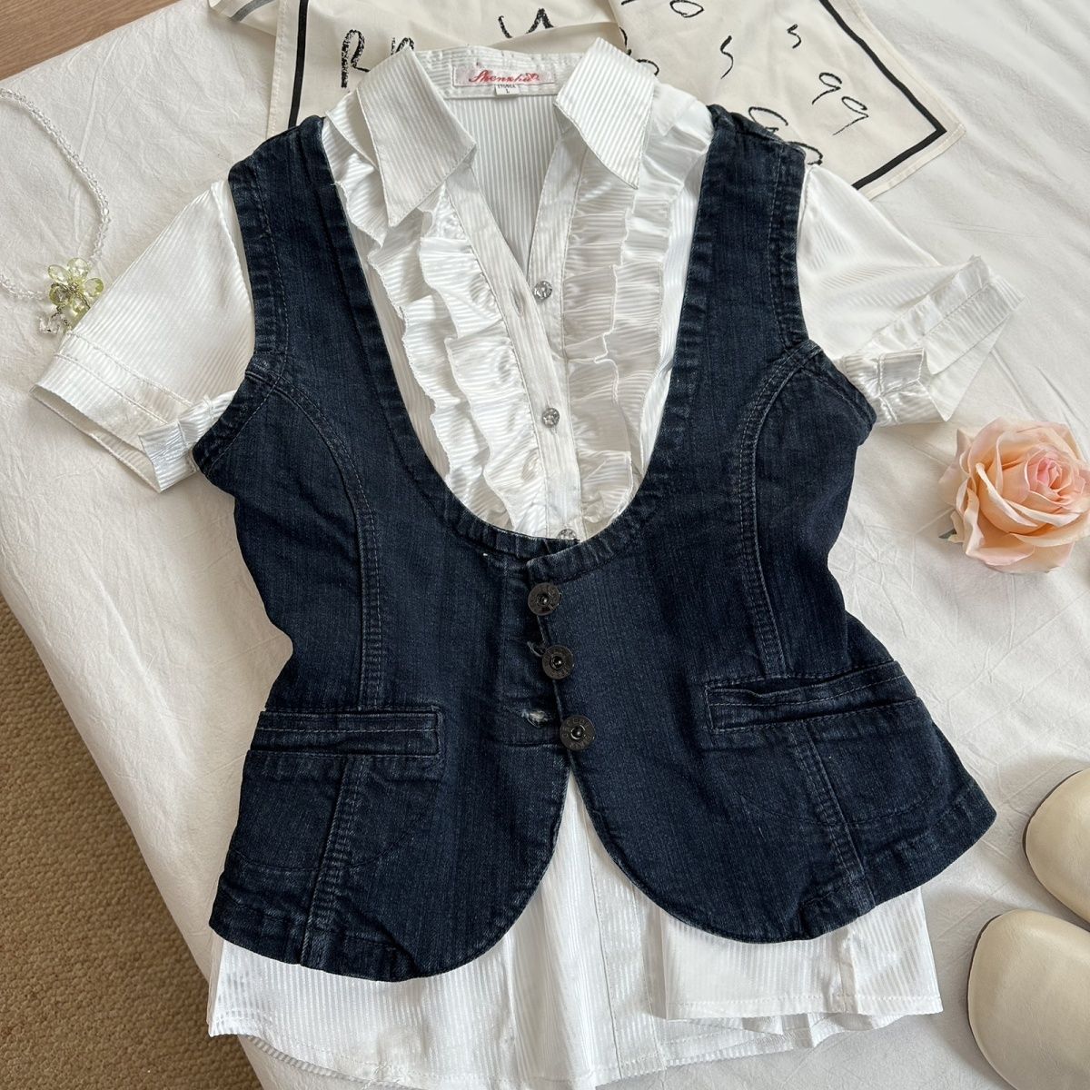 1911#瑕疵@古早千禧辣妹做旧水洗复古亚文化通勤百搭牛仔马甲