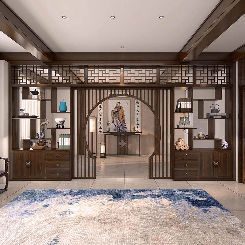 新中式拱门隔断客厅装饰柜实木月亮门入户玄关镂空月洞博古架酒柜