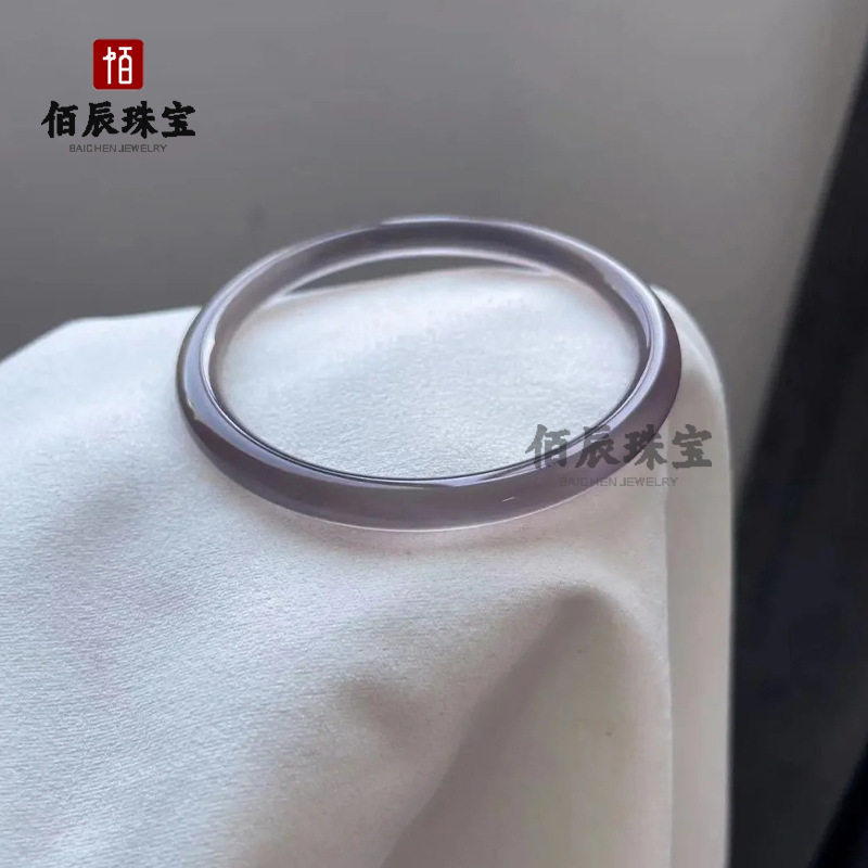 天然高冰透灰色玛瑙圆条荔枝冻玉髓玉手镯马料女款香槟翡翠色