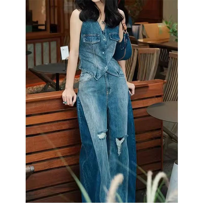 夏季复古气质套装女高级感牛仔马甲高腰破洞阔腿裤时尚休闲两件套