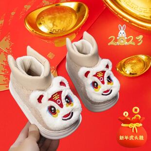 新中式宝宝鞋冬季汉服鞋中国风儿童虎头鞋加绒保暖国潮醒狮拜年鞋