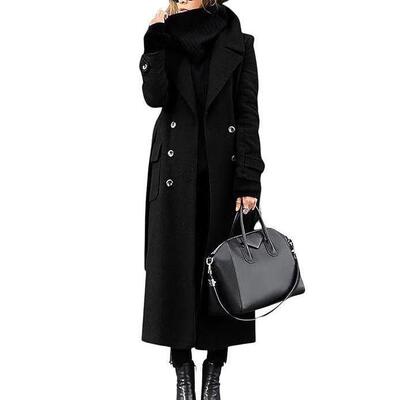 Womens Long Wool Pea Coat Notched Lapel Double Breasted