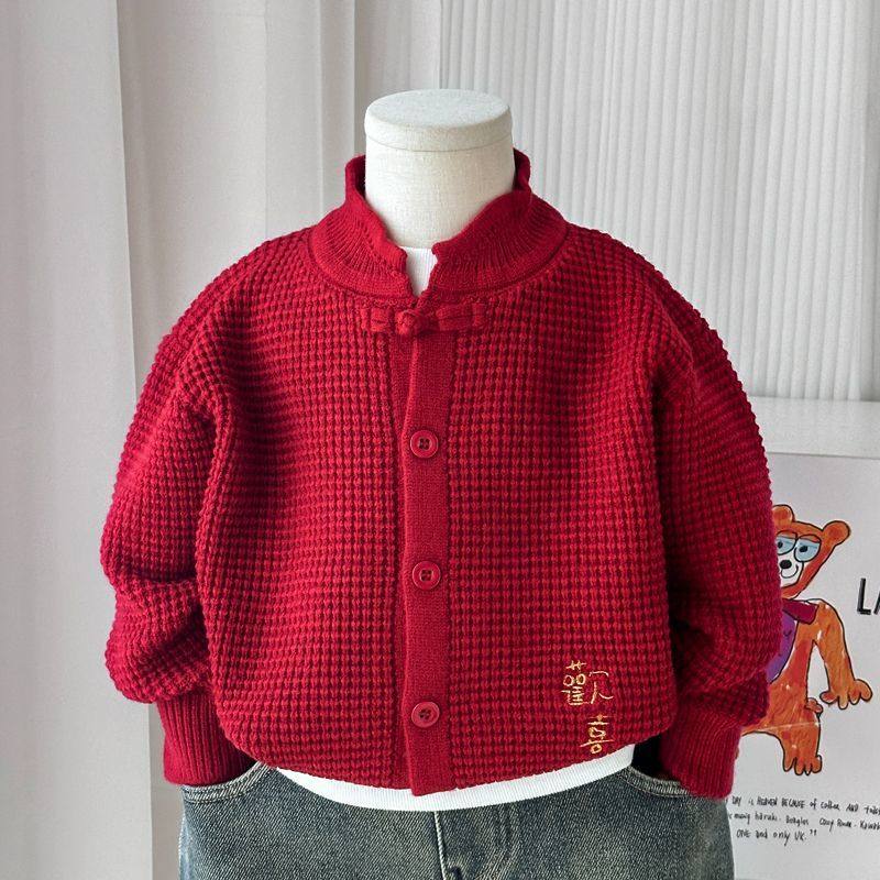 男童毛衣开衫秋冬2025新款儿童红色拜年服喜庆洋气男孩新年针织衫