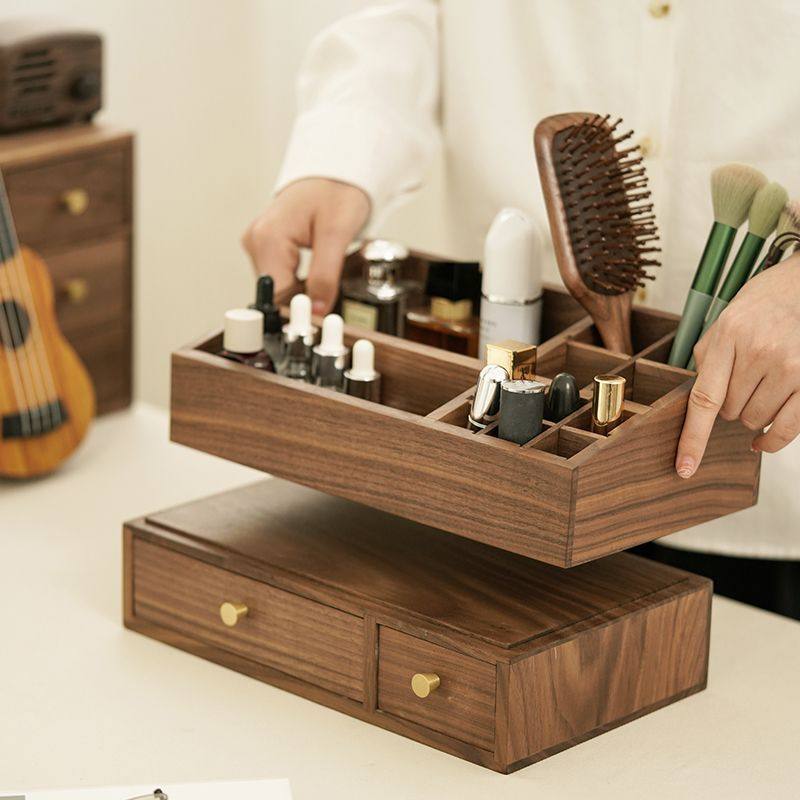胡桃木实木化妆品收纳盒家用桌面梳妆台复古储物大容量抽屉化妆盒