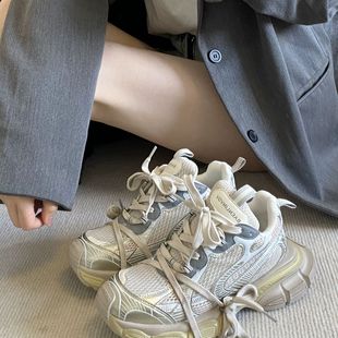 做旧复古休闲女鞋 巴黎风格 女厚底运动鞋 网格擦色老爹鞋 增高5CM