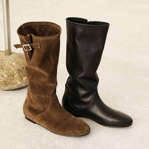 慵懒风褶皱堆堆靴女内增高柔软中筒靴复古西部两穿百搭新款骑士靴