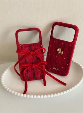 新年红色小马绑带iPhone17promax手机壳苹果16pro蝴蝶结15丝绒14