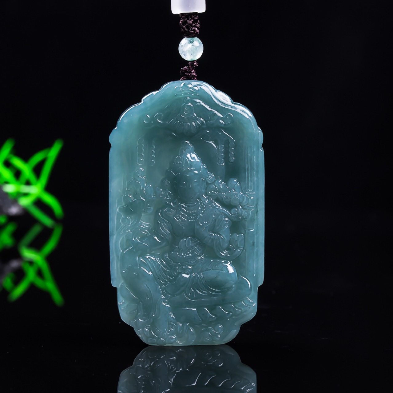 天然A货翡翠蓝水度母观音冰种玉石吊坠男士玉坠女款挂件玉器